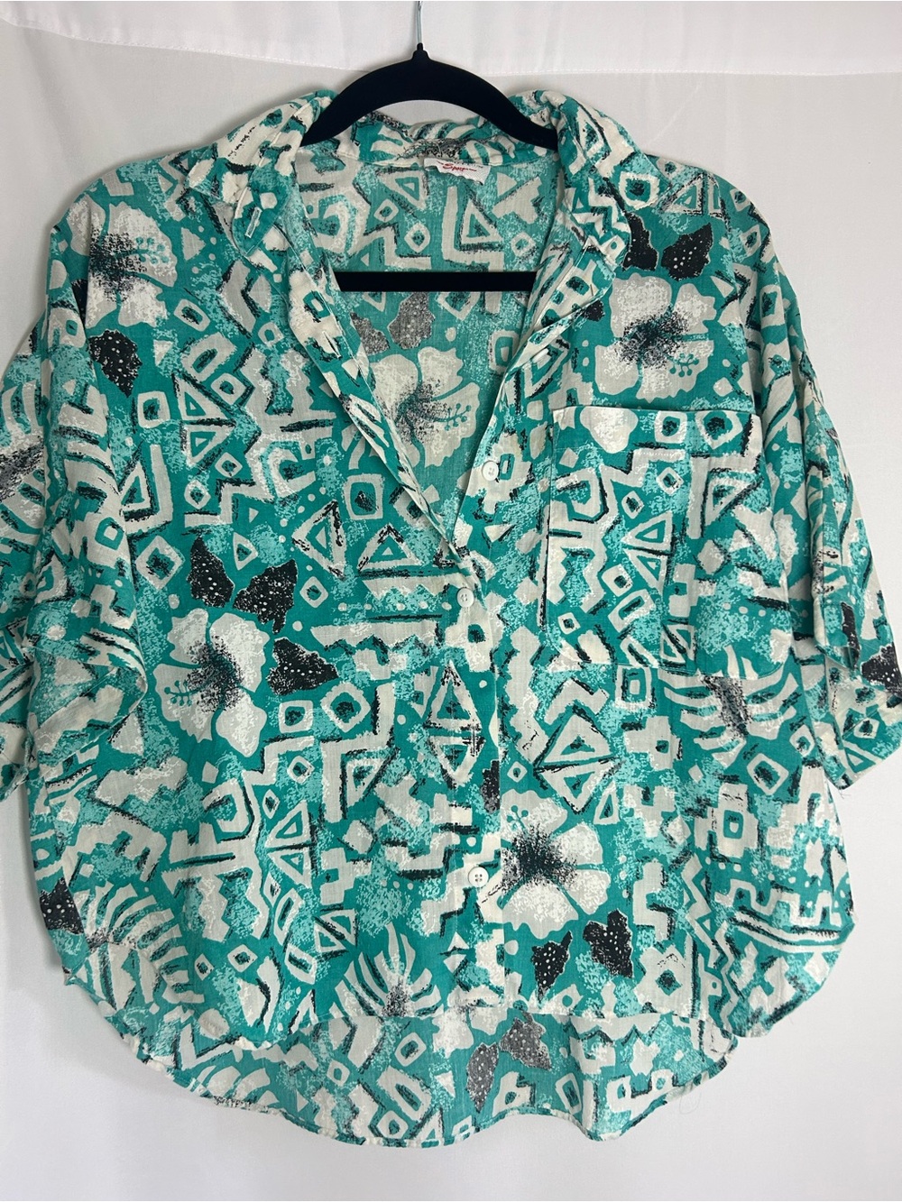 Vintage Hawaiian Teal Floral Geometric Button-Up Women's Top
